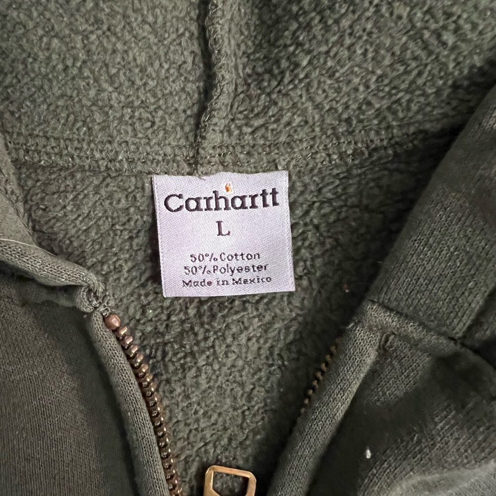 🧥 Vintage Carhartt Full-Zip Hoodie Jacket Olive Green Sherpa Lined Size L - Picture 7 of 7